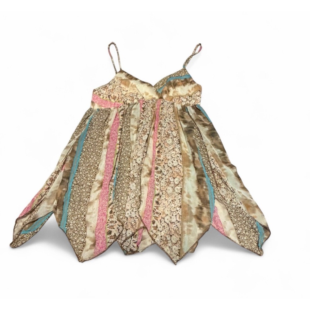 Rave Boho Patchwork Hanky Hem Cami Top Brown Pink Blue Size M Babydoll Y2K